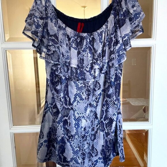 Blue snake-print blouse with double ruffle - Picture 1 of 3